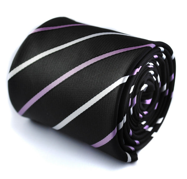 black tie with  thin purple and white stripes